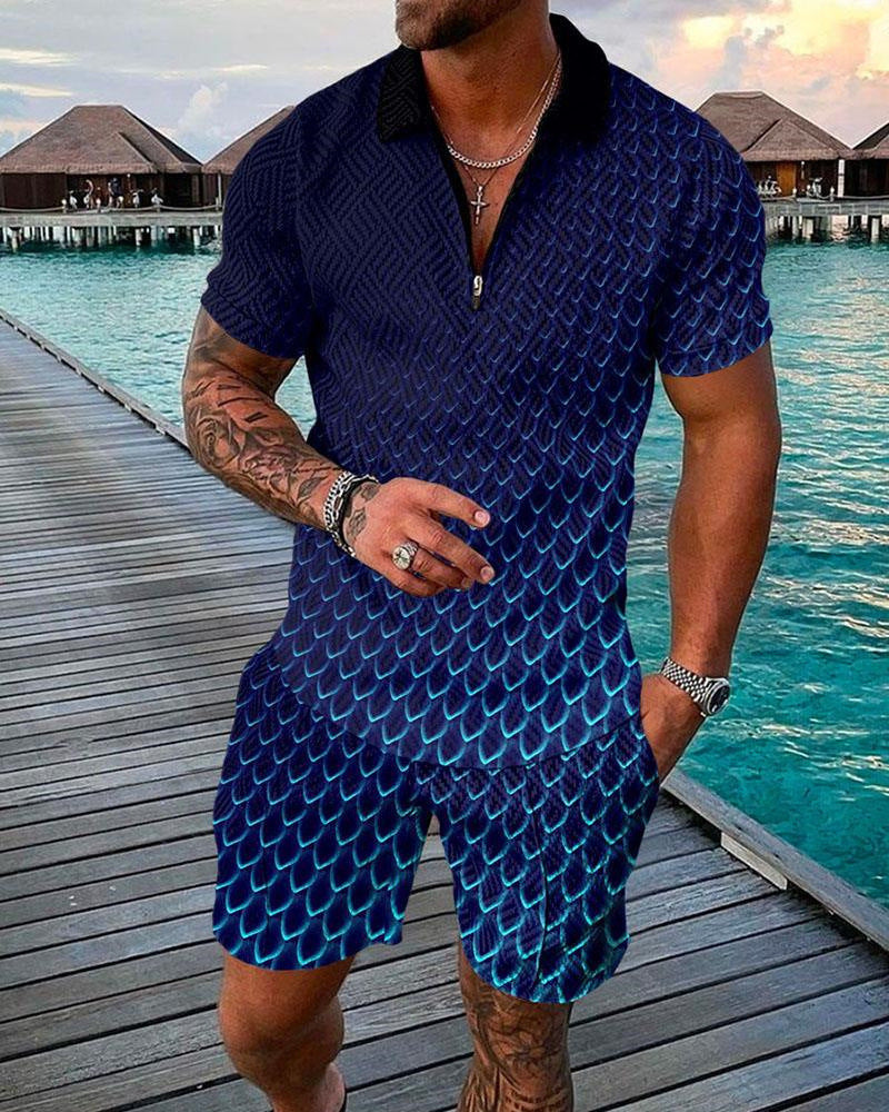 Men's Casual 3D Printed Polo Shirt and Shorts Set
