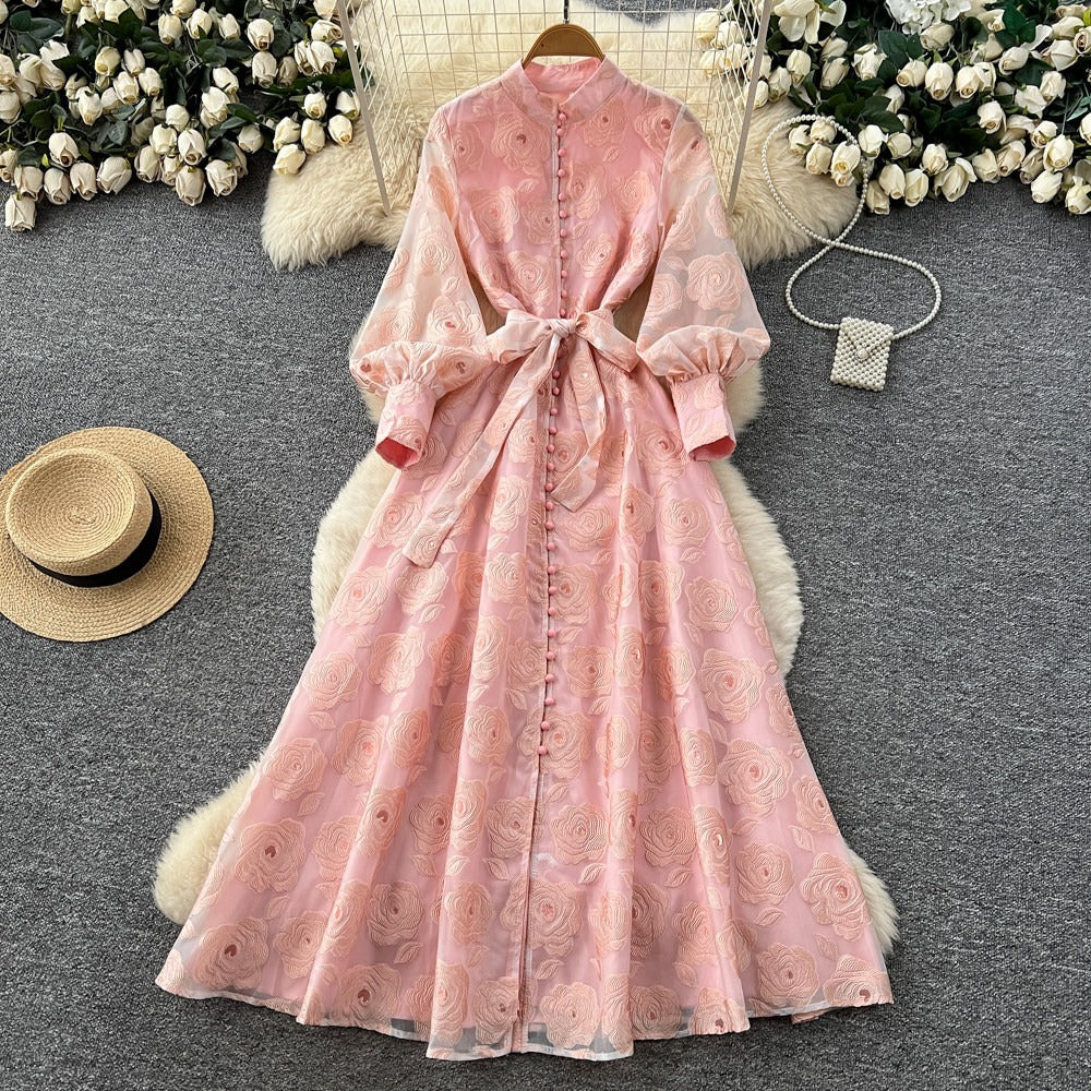 Romantic Embroidered Lantern Sleeve Maxi Dress