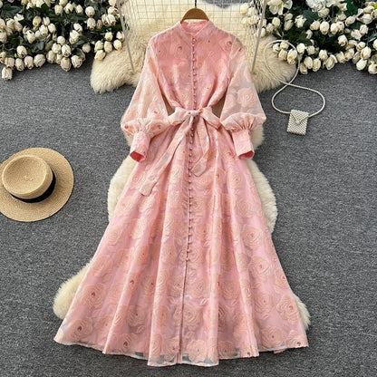 Romantic Embroidered Lantern Sleeve Maxi Dress