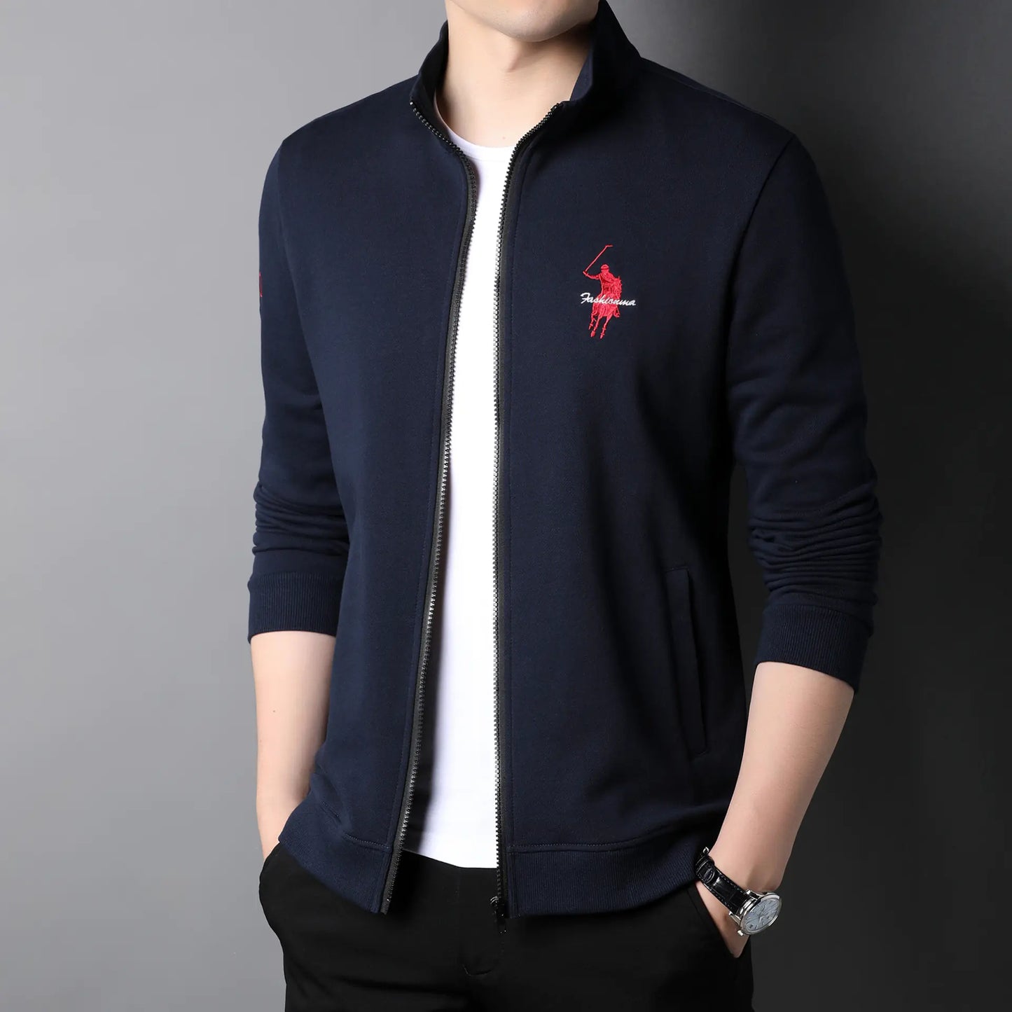 Men's Casual Embroidered Zip Jacket in Cotton