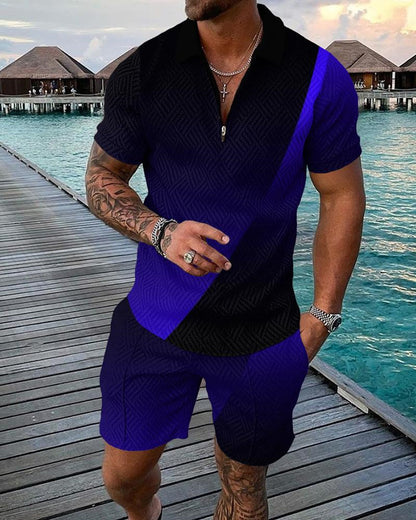 Men's Casual 3D Printed Polo Shirt and Shorts Set