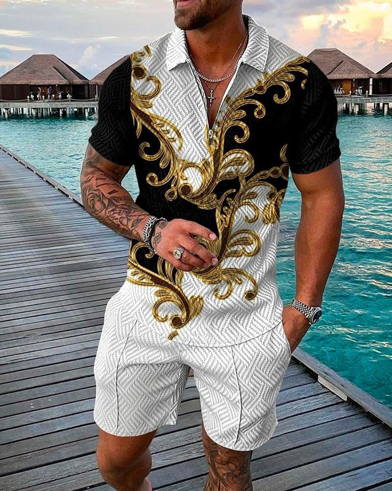 Men's Casual 3D Printed Polo Shirt and Shorts Set