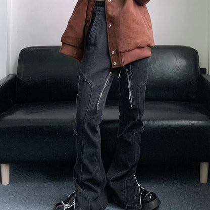 Niche Distressed Wash Jeans with Side Zipper Flare