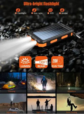 Life Light Solar Power Bank with LED Flashlight - 8000mAh, IP65 Waterproof, Dual USB Output