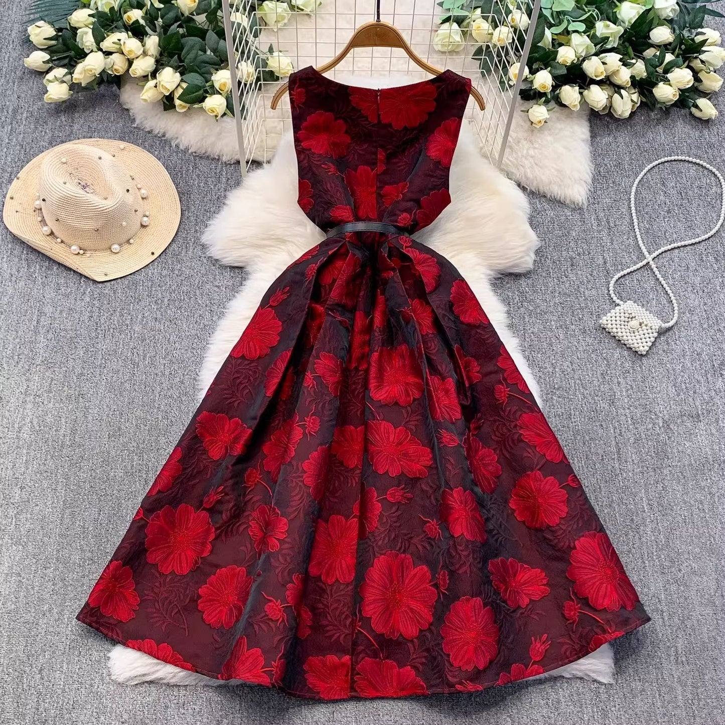 Jacquard Square-Neck Sleeveless Dress