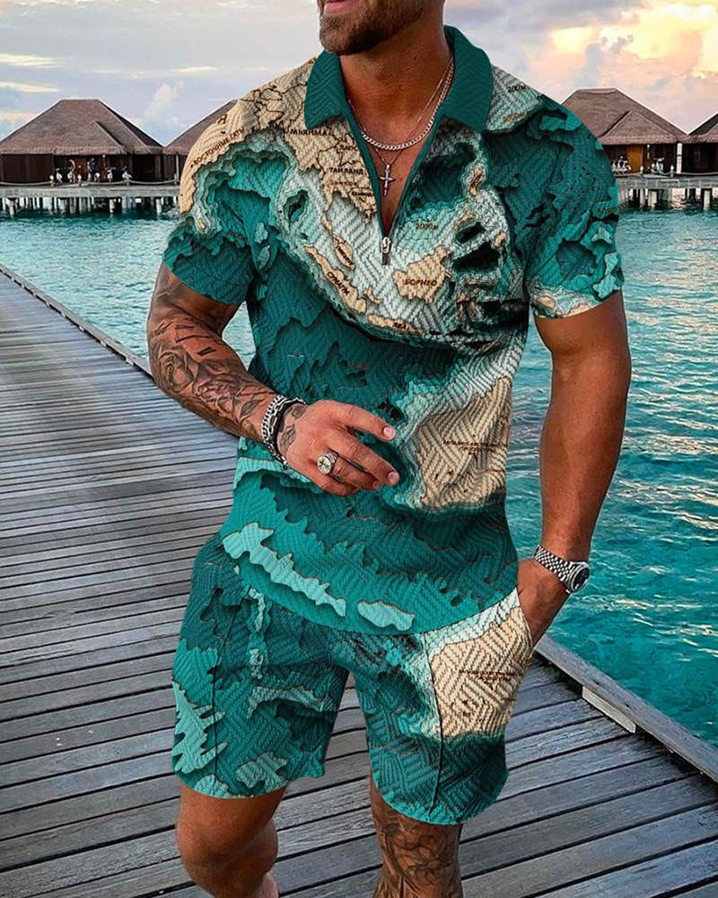 Men's Casual 3D Printed Polo Shirt and Shorts Set