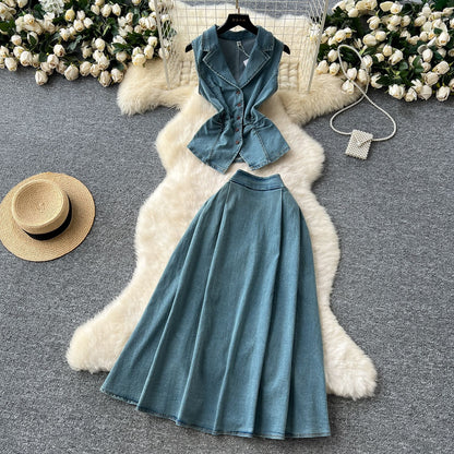 Pleated Waist Blazer & High-Waisted Midi Skirt Set