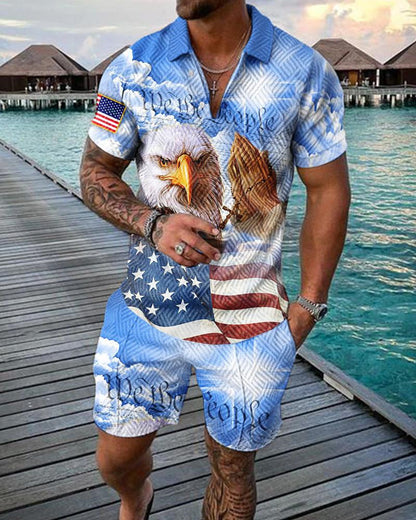 Men's Casual 3D Printed Polo Shirt and Shorts Set
