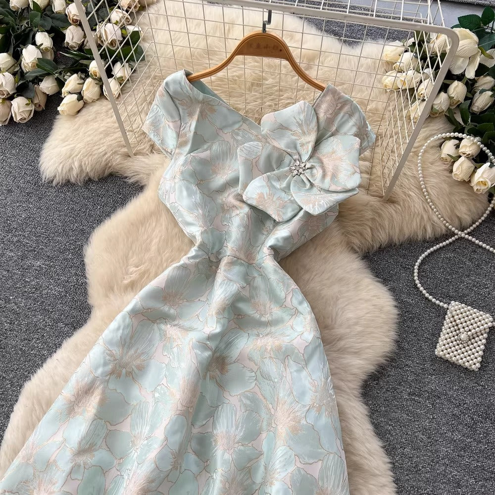 3D Floral Jacquard V-Neck Maxi Dress