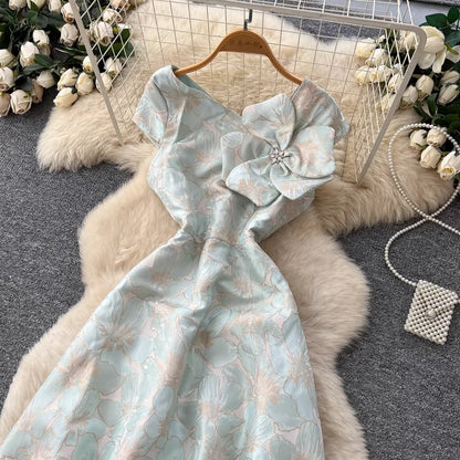 3D Floral Jacquard V-Neck Maxi Dress