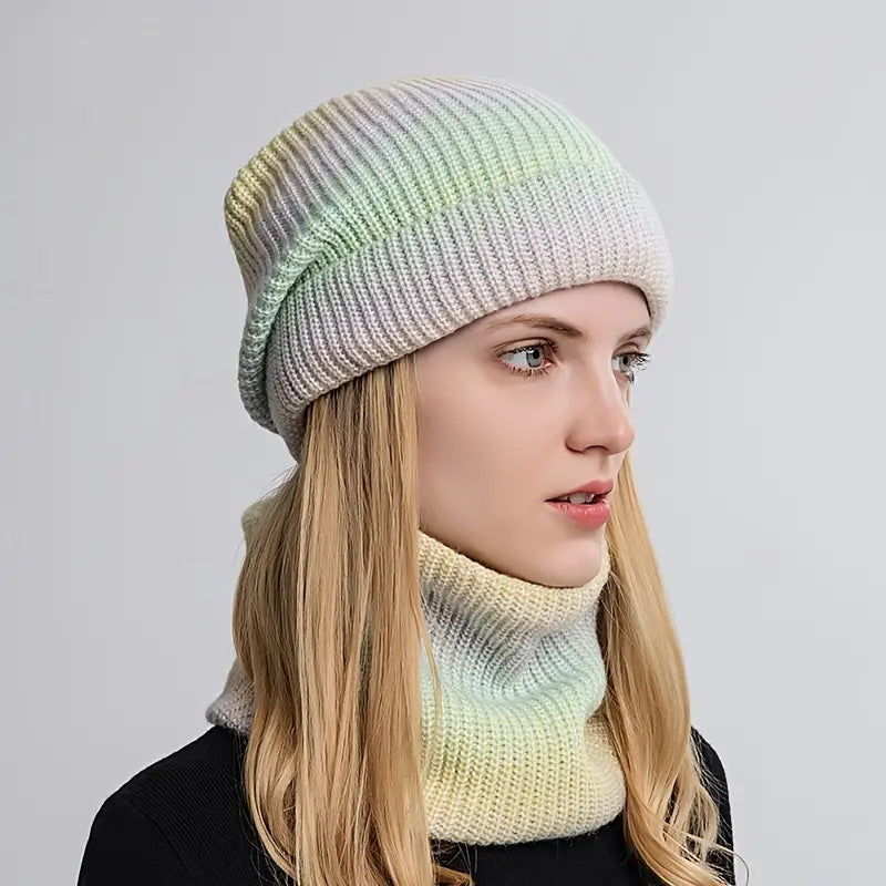Warm Gradient Wool Winter Hat with Ear Protection Set