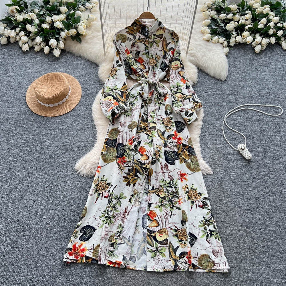 French Retro Floral Waist Tie Dress
