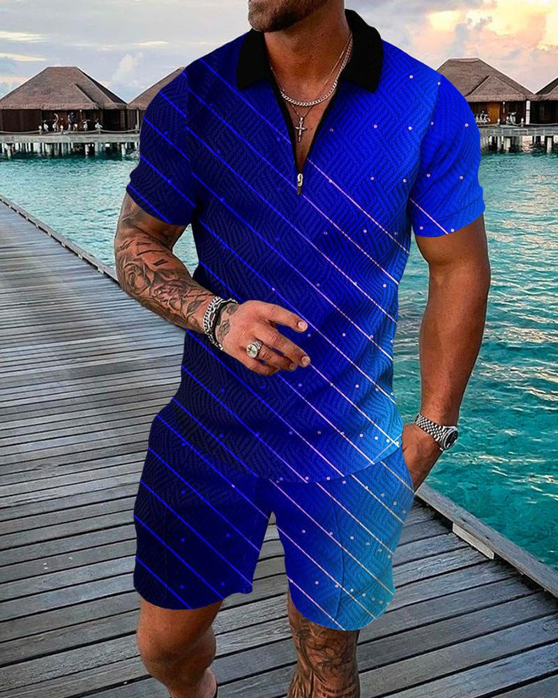 Men's Casual 3D Printed Polo Shirt and Shorts Set