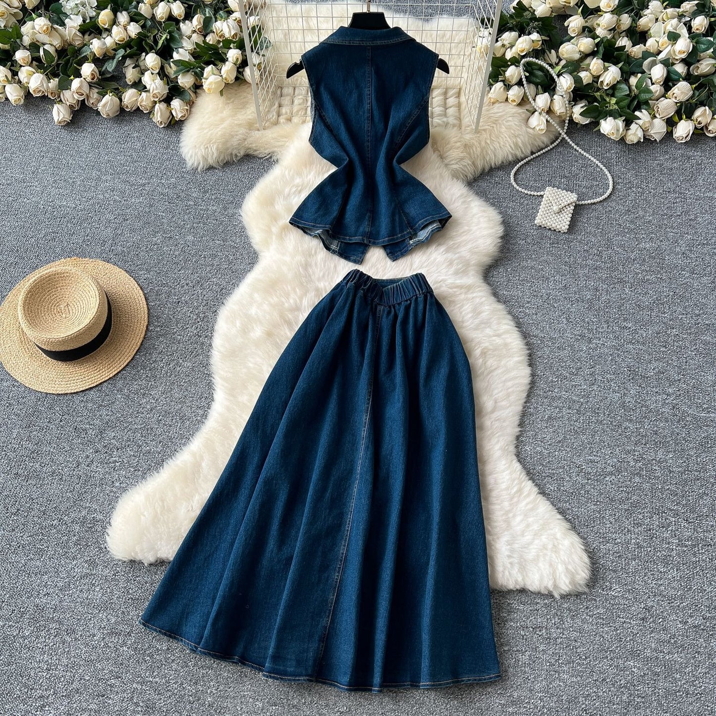 Pleated Waist Blazer & High-Waisted Midi Skirt Set
