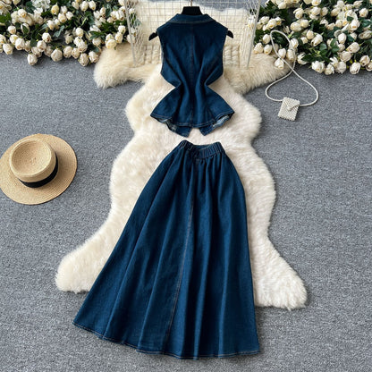 Pleated Waist Blazer & High-Waisted Midi Skirt Set