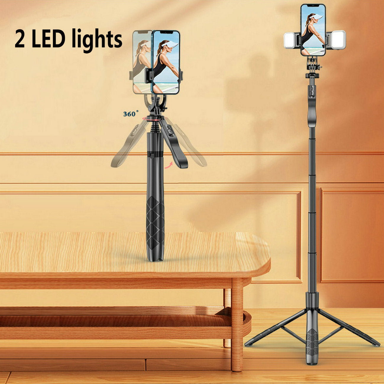 Bluetooth Selfie Stick Tripod with Dual Lights and Stabilizer