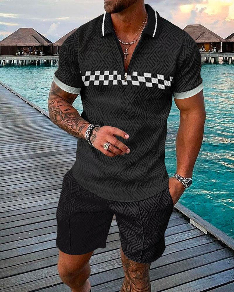 Men's Casual 3D Printed Polo Shirt and Shorts Set