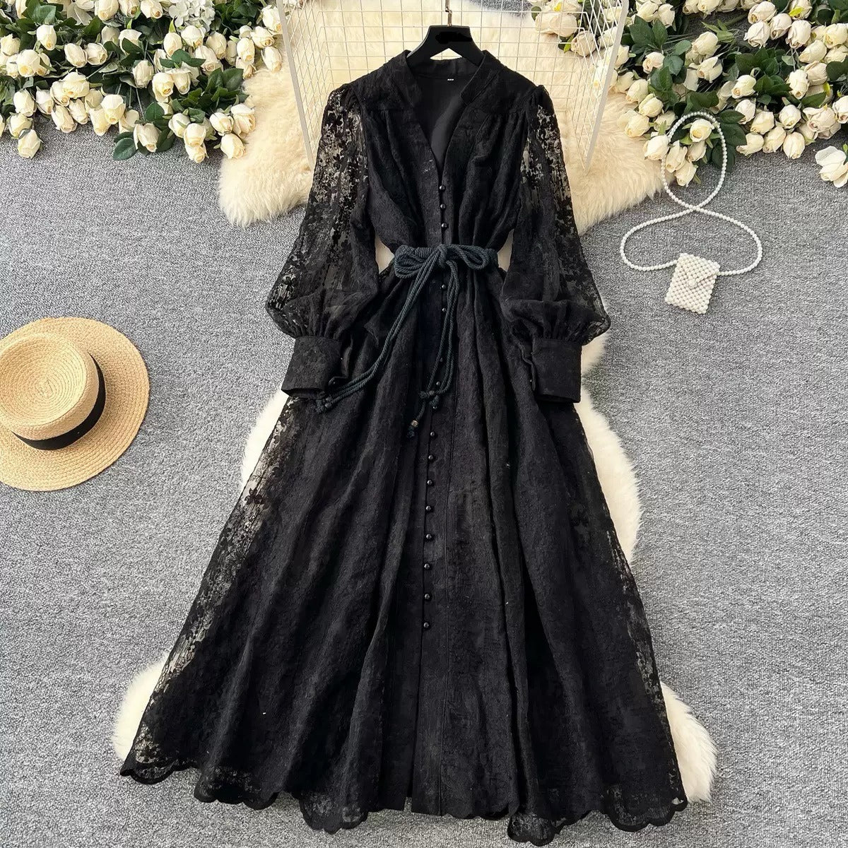 V-neck Single Breasted Long Skirt