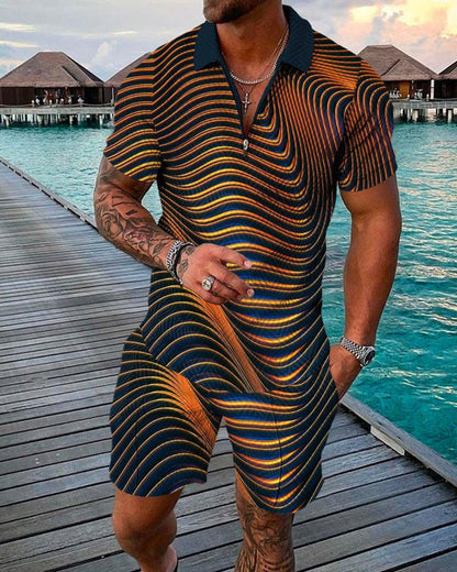 Men's Casual 3D Printed Polo Shirt and Shorts Set