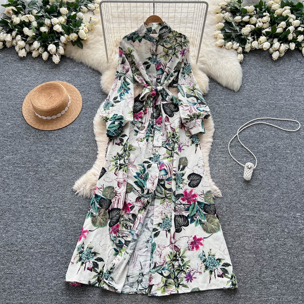 French Retro Floral Waist Tie Dress