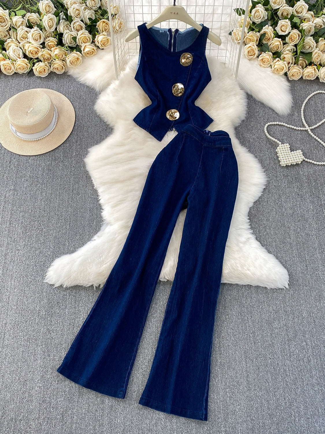 Denim Vest and Wide Leg Pants Set