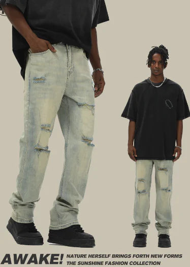 Men's Vintage Wash Yellow Mud Pull-Up Pants