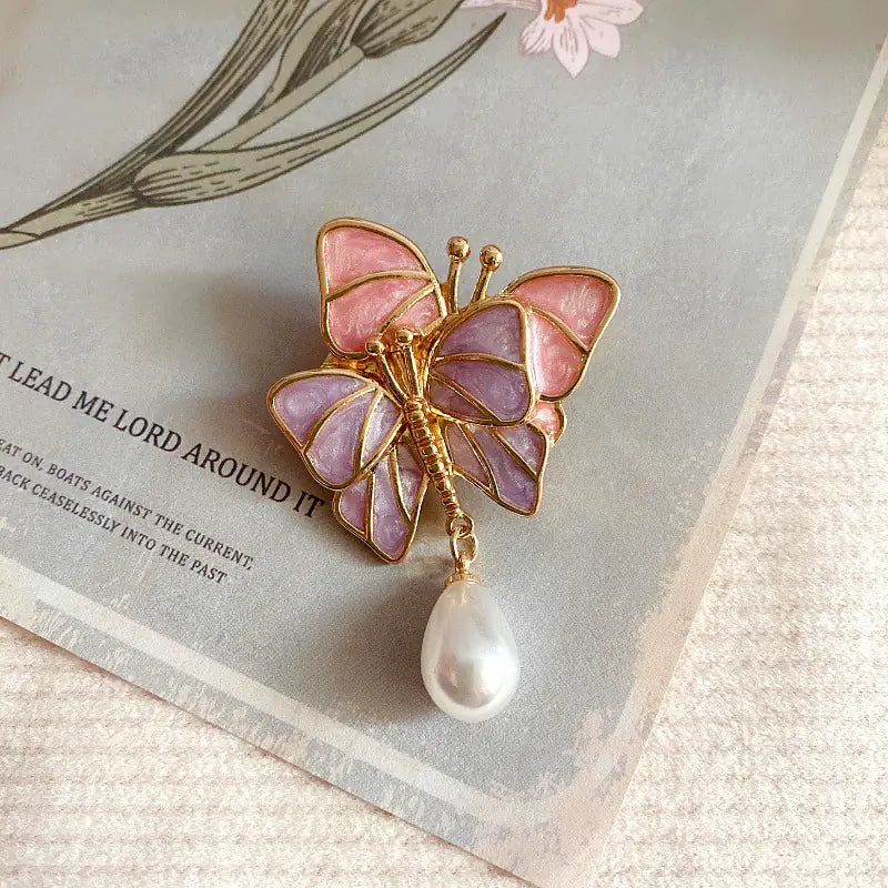 Retro French Butterfly Enamel Freshwater Pearl Brooch