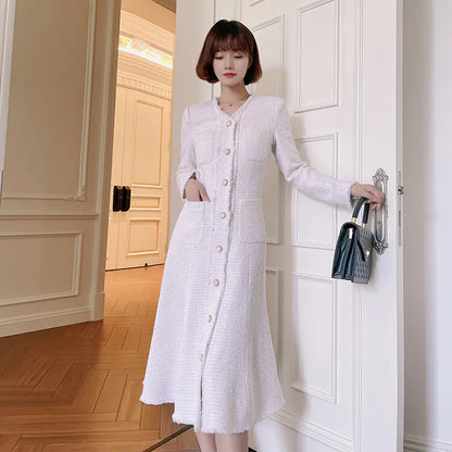 Solid Color V-neck Tweed Dress