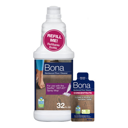 Bona Hardwood Floor Cleaner Bottle for use with Swiffer WETJET Spray Mop makes 64 Fl Oz - Includes Filled Bottle + Concentrate Refill for Wood Floor Cleaning