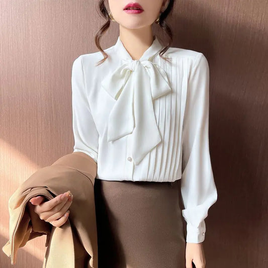 2024 Spring New Women's French Bow White Shirt