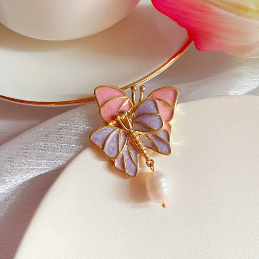 Retro French Butterfly Enamel Freshwater Pearl Brooch