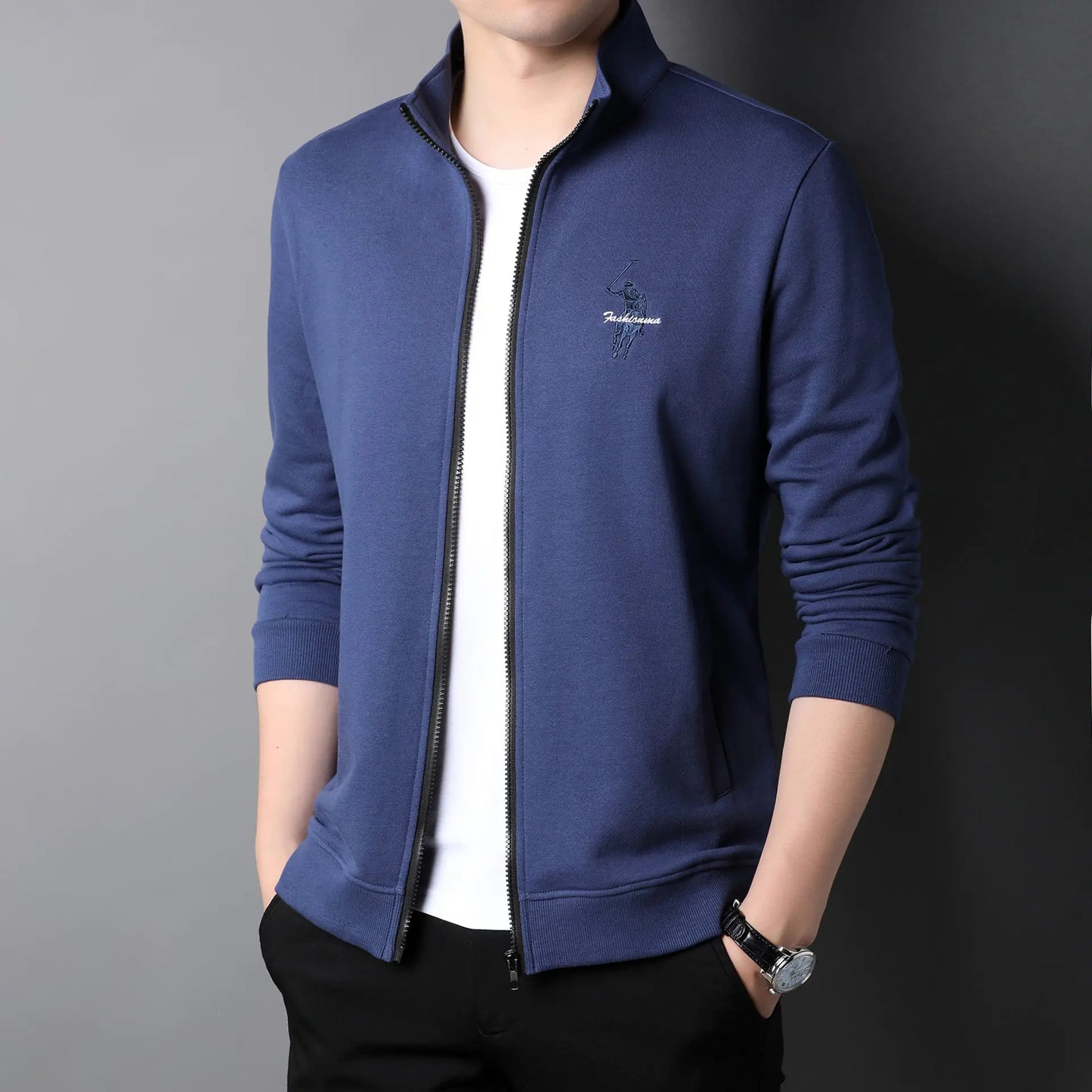 Men's Casual Embroidered Zip Jacket in Cotton