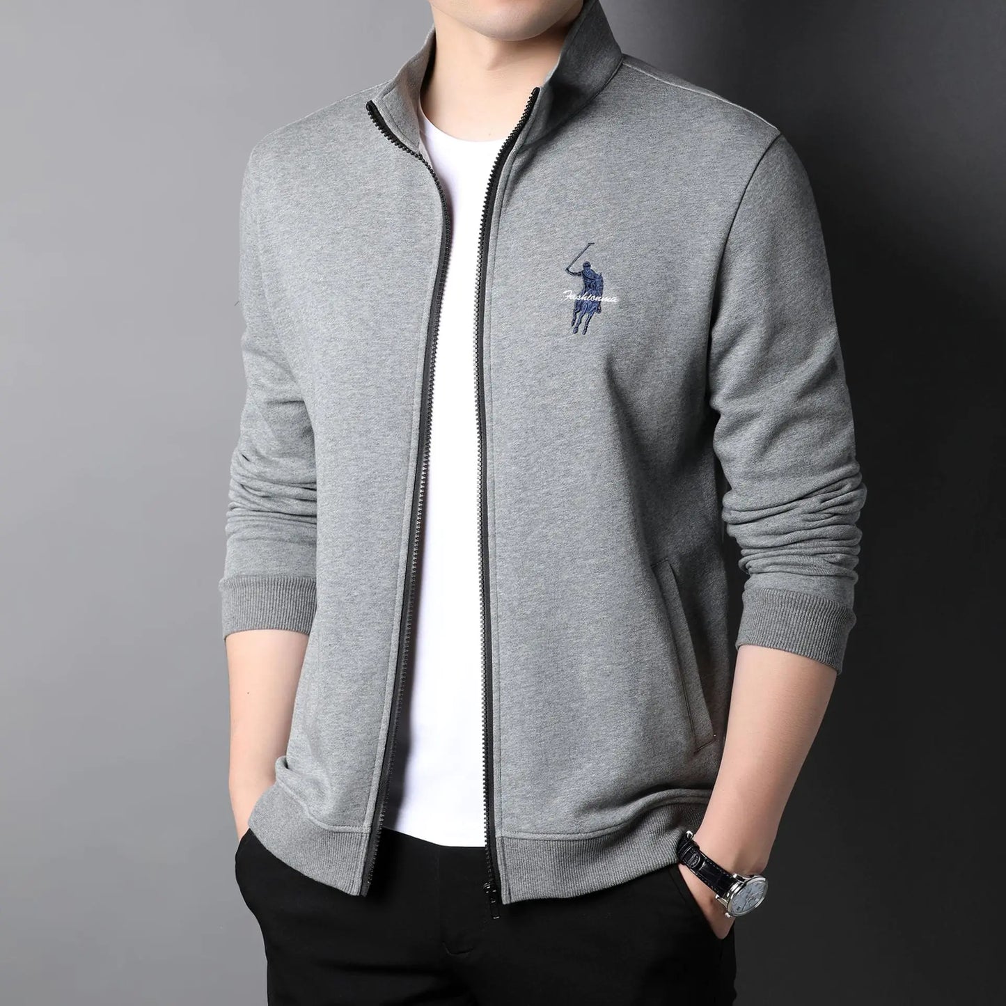 Men's Casual Embroidered Zip Jacket in Cotton