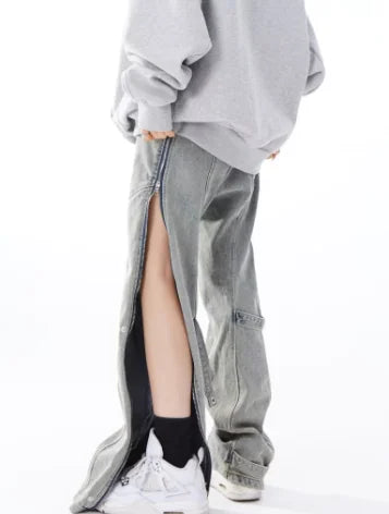 Niche Distressed Wash Jeans with Side Zipper Flare