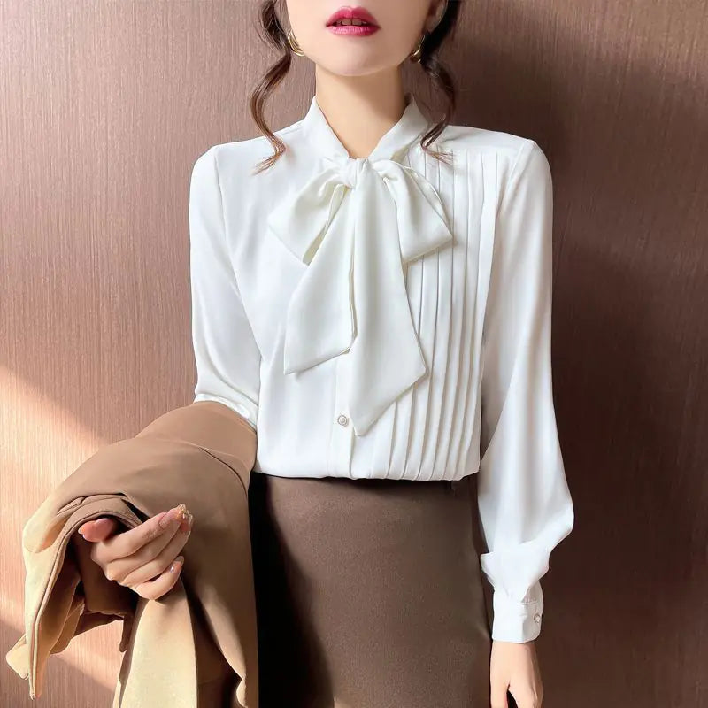 2024 Spring New Women's French Bow White Shirt