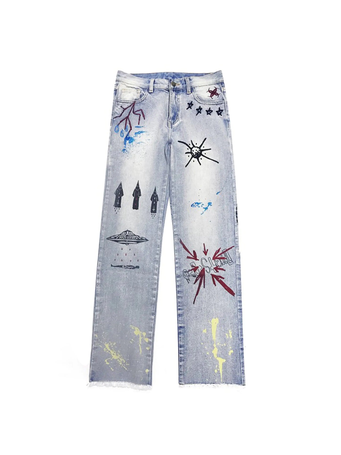 Frayed Wash Jeans with Graffiti Embroidery