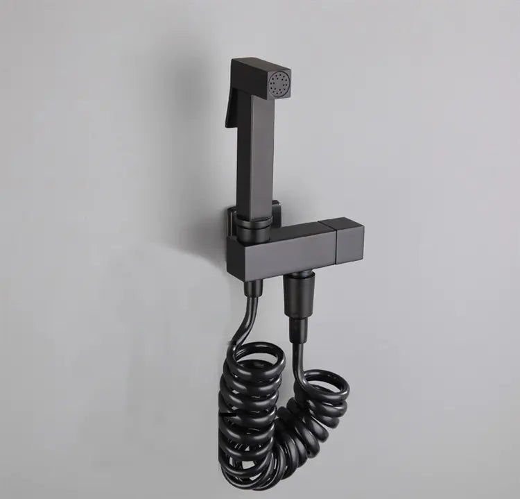 Square Black Brass Bidet Sprayer Set with Angle Valve