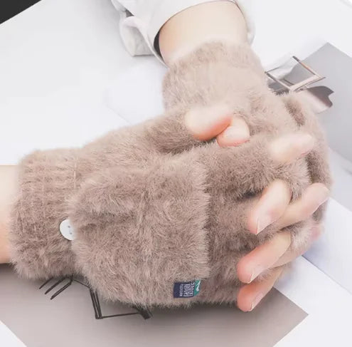 Plush Gloves Female Winter Warm Student Exposed Finger Flip Gloves Household
