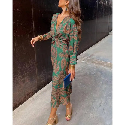 Summer Nine-quarter Sleeve V-neck Painted Dress