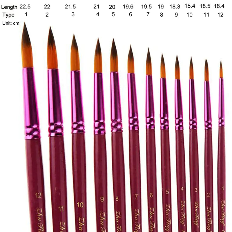 12 Purple Round Oil Paint Brushes & Watercolor Set